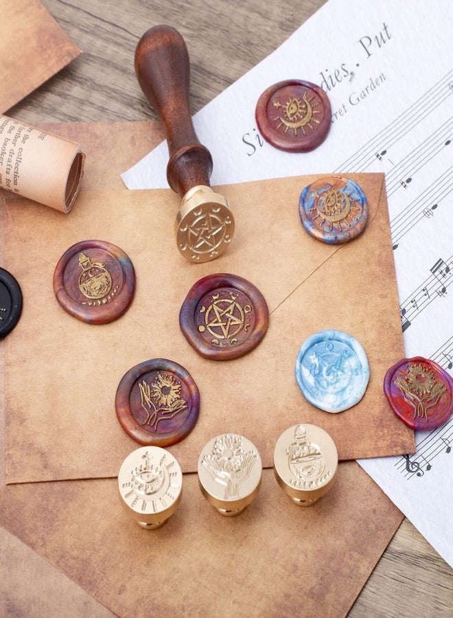 MGWOTH Wiccan Wax Seal Stamp Set, Pagan Pentagram Moon Phases Sealing Stamp Head, Vintage Evil Eye Triple Moon Pentacle and Sun Bottle Pattern Kit with Gift Box for Letter Envelope Witchcraft Invitation Card - Image 4