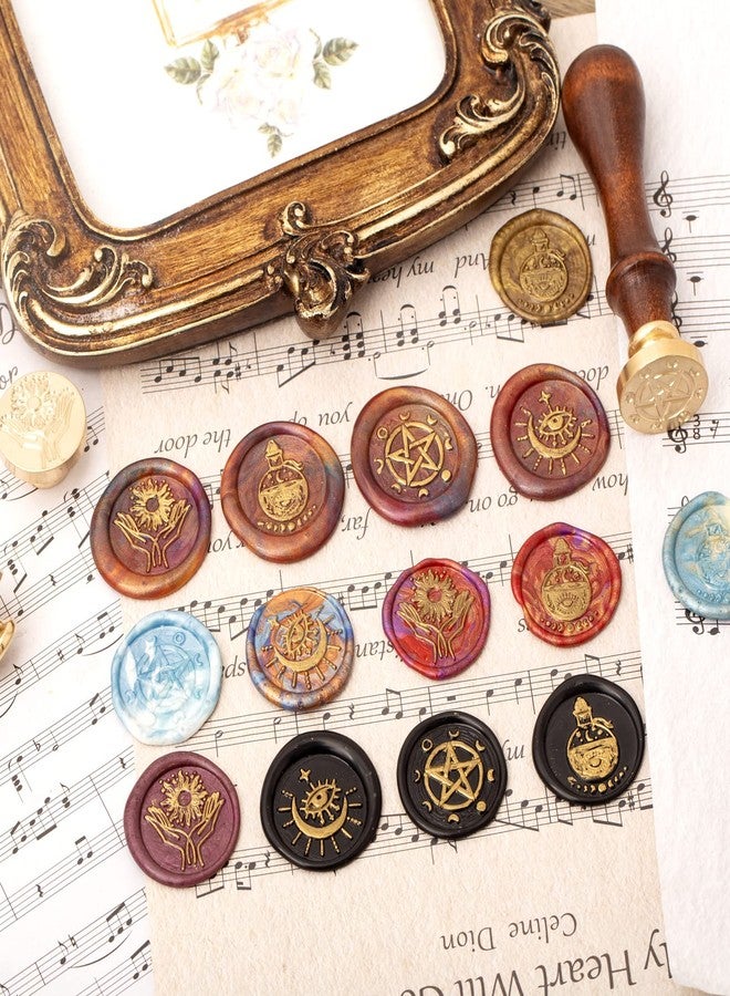 MGWOTH Wiccan Wax Seal Stamp Set, Pagan Pentagram Moon Phases Sealing Stamp Head, Vintage Evil Eye Triple Moon Pentacle and Sun Bottle Pattern Kit with Gift Box for Letter Envelope Witchcraft Invitation Card - Image 5