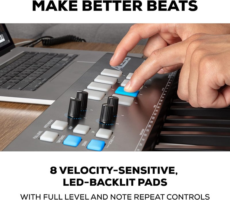 أليسيس V25 MKII – وحدة تحكم لوحة مفاتيح MIDI عبر USB مع 25 مفتاحًا حساسًا للسرعة، و8 وسادات كاملة المستوى، ومُولّد الأربيجيو، وعجلة التحكم في الطبقة/التعديل، وتكرار النغمات، وحزمة البرامج - Image 3