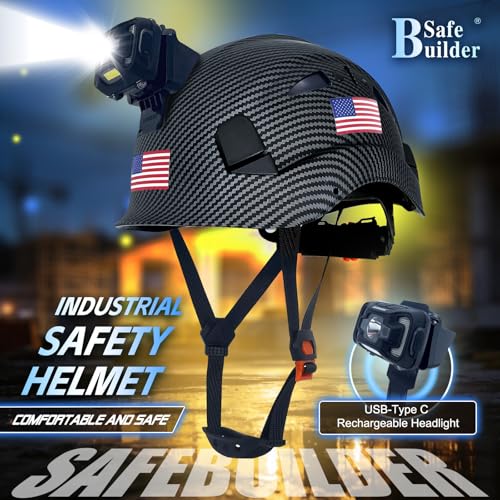 SAFEBUILDER Construction Safety Helmet with Headlight Hard Hat Headlamp Adjustable Ventilation Hardhats Work Head Protection Certified ANSIISEA Z891 Matte Black Hard HatsSHL01 Lamp - Image 3