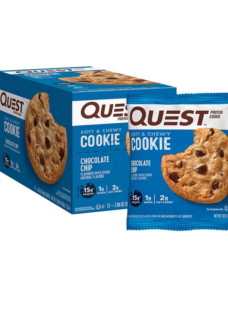كويست كوكي بروتين - بطعم رقائق الشوكولاتة الكلاسيكية، 59 جم (علبة تحتوي على 12 قطعة) | طرية ولذيذة، 15 جم بروتين، منخفضة السكر، مناسبة للكيتو - Image 1