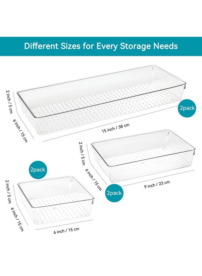 Voova 6 Pack Plastic Drawer Organizers Set,3-Size Kitchen And Office Desk Drawer Organizer Trays, Acrylic Non Slip Storage Bin Divider For Makeup,Jewelry,Gadgets Utensils,Bedroom,Bathroom Vanity,Clear - Image 2