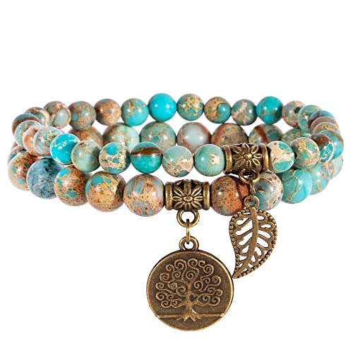 Bivei Natural Semi Precious Gemstone Beads Bracelet for Women - Life Tree and Leaf Charm Chakra Energy Anxiety Stretch Bracelets(Sea Sediment) - Image 1