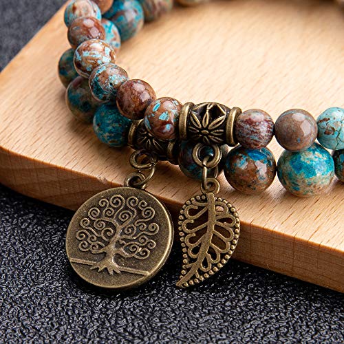 Bivei Natural Semi Precious Gemstone Beads Bracelet for Women - Life Tree and Leaf Charm Chakra Energy Anxiety Stretch Bracelets(Sea Sediment) - Image 4