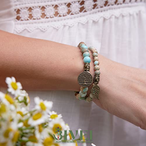 Bivei Natural Semi Precious Gemstone Beads Bracelet for Women - Life Tree and Leaf Charm Chakra Energy Anxiety Stretch Bracelets(Sea Sediment) - Image 2