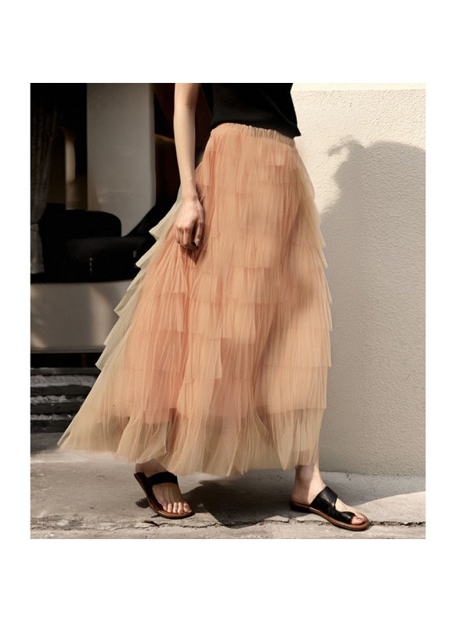 Design Sense Layer-by-Layer Stitching Cake Skirt Summer Arrival Elegant Fashion Pouch Skirt Solid Color Mesh Skirt 