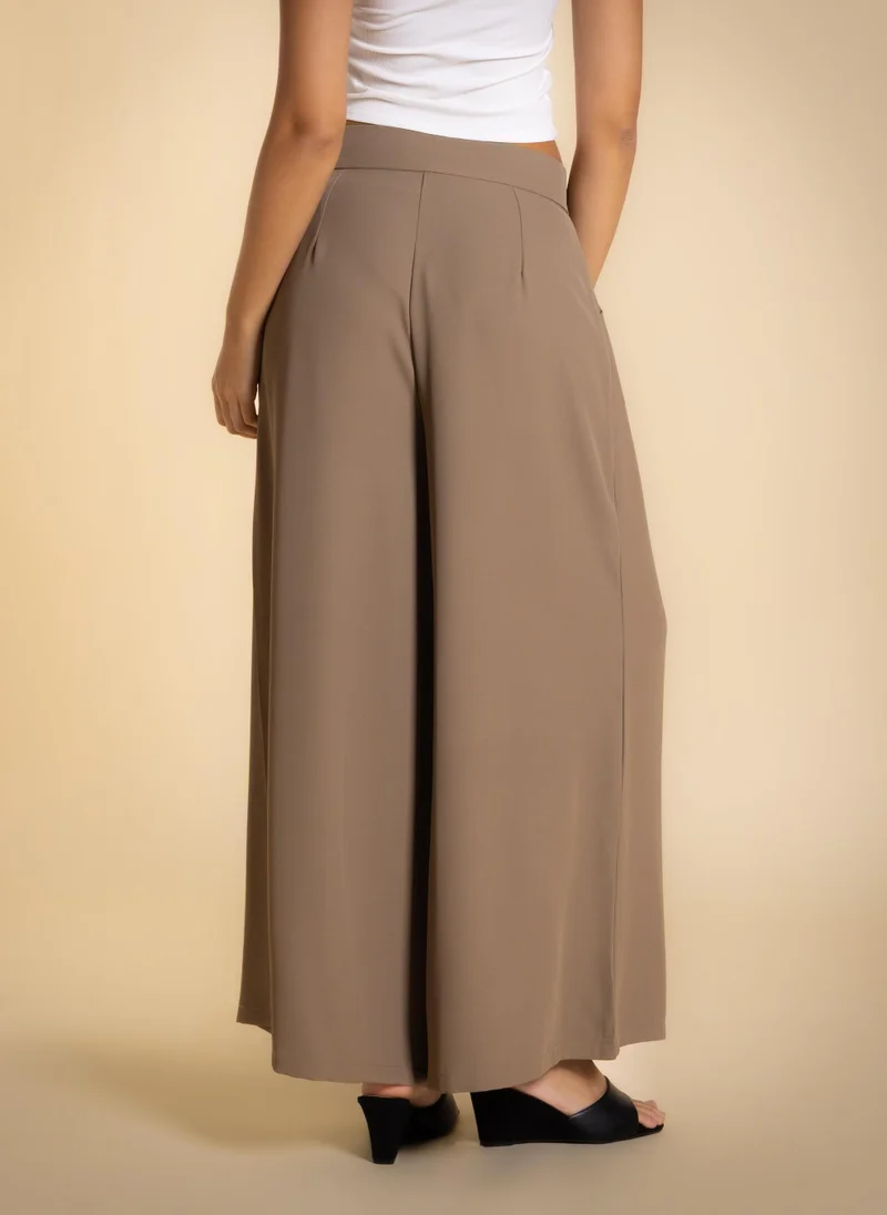 Shapes Dark Beige PLEATED WIDE LEG TROUSERS for Women | Best Price UAE