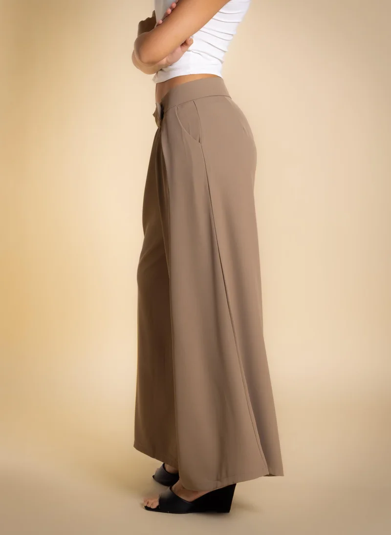 Shapes Dark Beige PLEATED WIDE LEG TROUSERS for Women | Best Price UAE