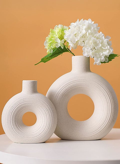 2-Piece Ceramic Donut Hollow Vase for Home Decor Modern Nordic Boho Minimalist Decorative Vase for Table Centerpiece Décor Living Room Wedding Dining Office Decoration