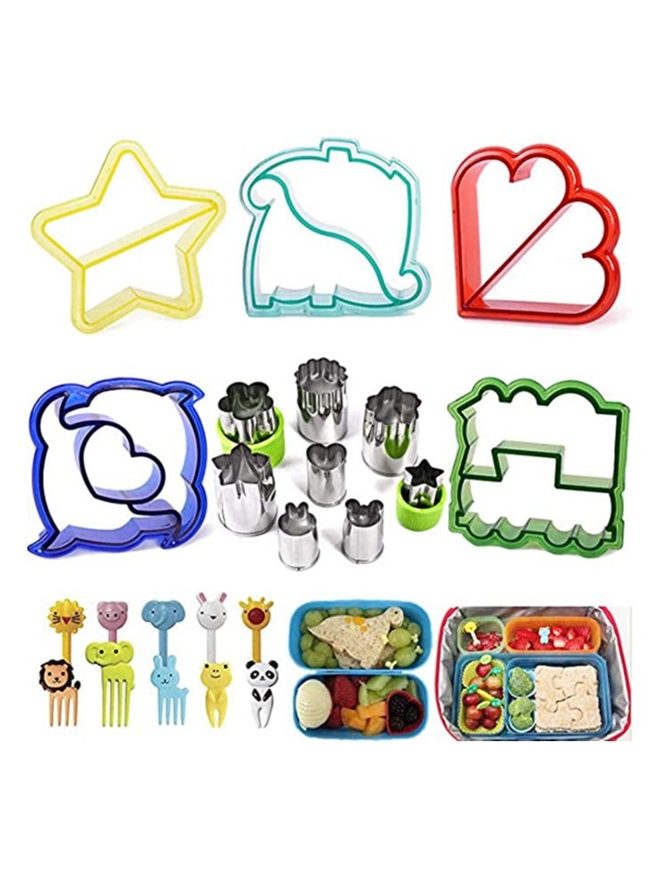SYOSI Sandwich Cutters Set,  23Pcs for Children Vegetables Fruits Cutter 5Pcs Sandwich Cutters Dinosaur Dolphin Train Stars Heart Shapes, 8Pcs Stainless Steel Cutters and 10Pcs Food Kid Fork - Image 1