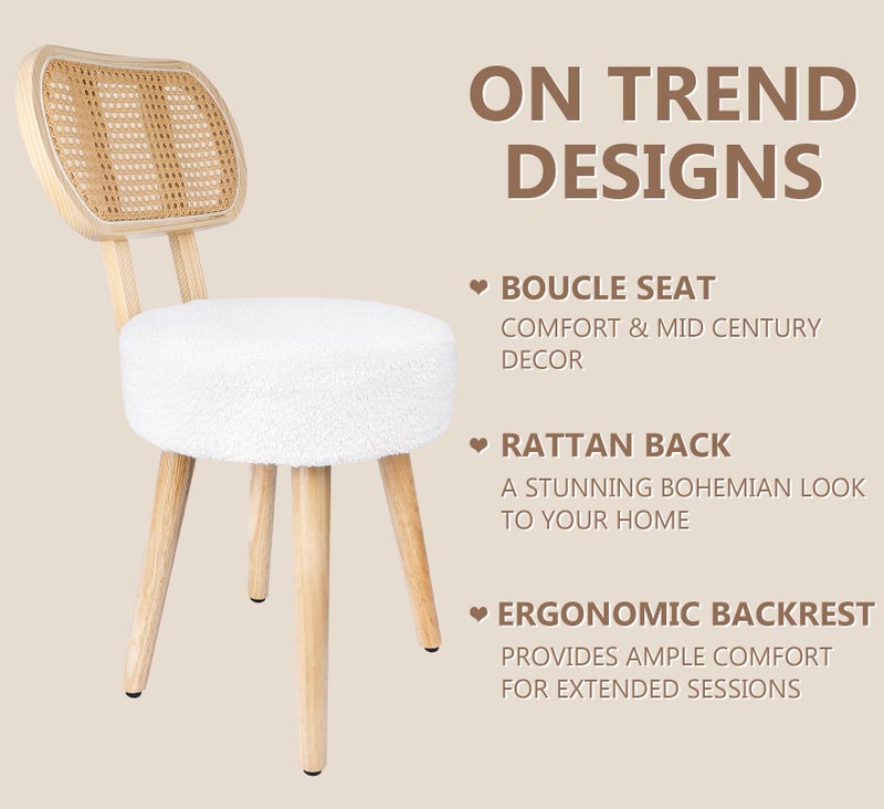 ZYBT Rattan Dining Chair, Kitchen Dining Room Chairs, Mid Century Modern Boucle Chair, Stylish Upholstered Wood Accent Chair, Cute Sherpa Chair, Living Room Bar Stool Chair, Boho Makeup Vanity Chair, 1 Pc - Image 3