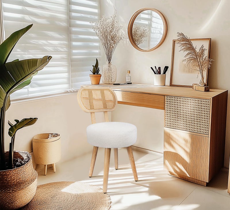 ZYBT Rattan Dining Chair, Kitchen Dining Room Chairs, Mid Century Modern Boucle Chair, Stylish Upholstered Wood Accent Chair, Cute Sherpa Chair, Living Room Bar Stool Chair, Boho Makeup Vanity Chair, 1 Pc - Image 2
