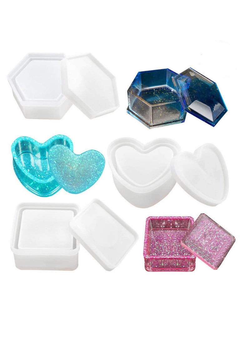 Excefore Box Resin Moulds, Jewelry Box Moulds with Heart Shape Silicone Resin Mould, Hexagon Storage Box Mould and Square Epoxy Moulds for Making Resin Moulds - Image 1