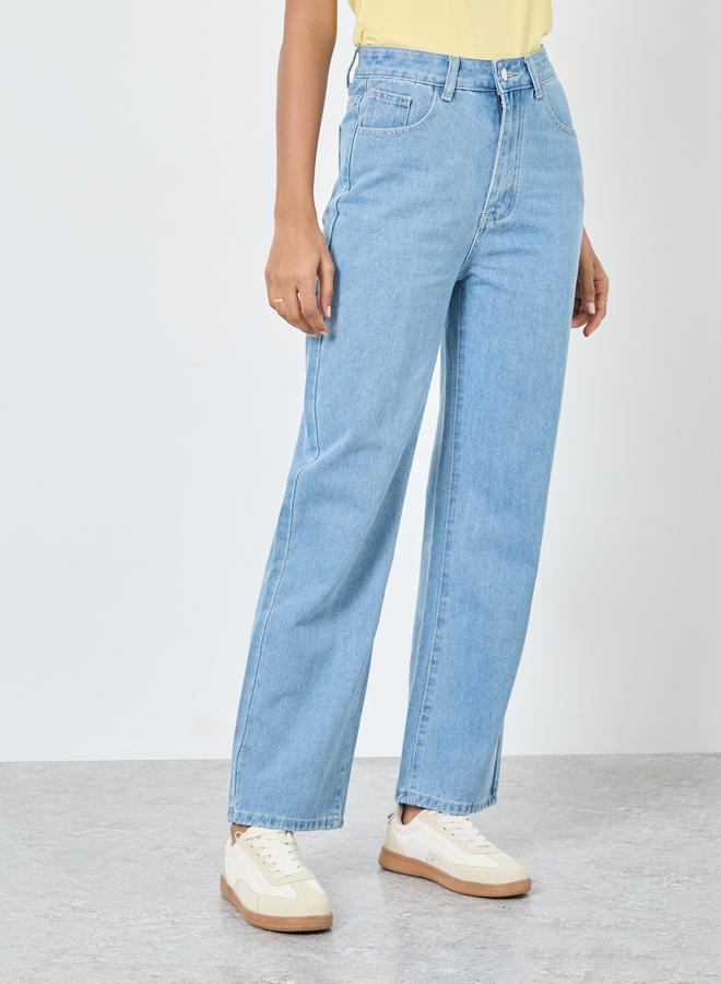 ستايلي جينز واسع الساق بخصر متوسط ​​صلب مزدوج - Image 2