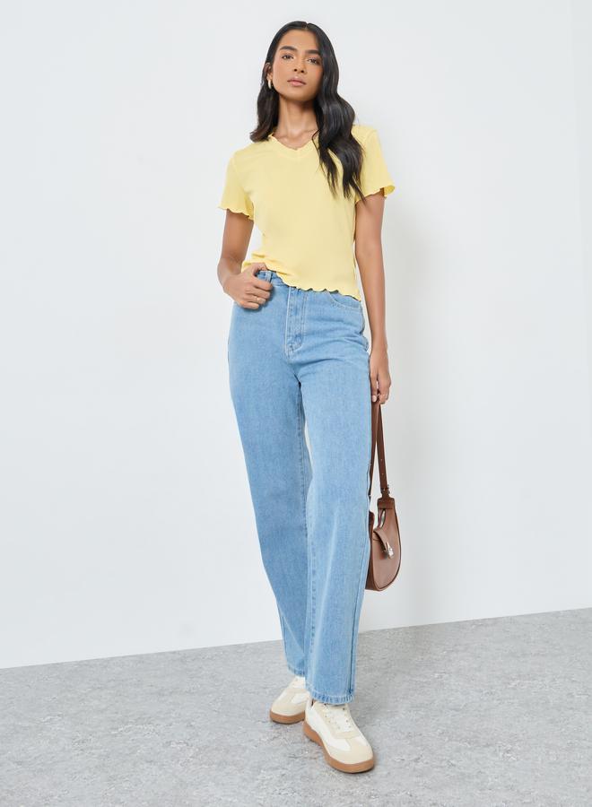 ستايلي جينز واسع الساق بخصر متوسط ​​صلب مزدوج - Image 1