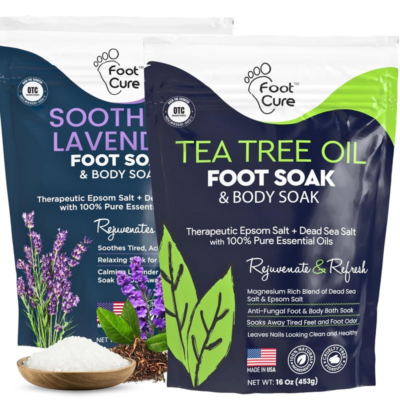 FOOT CURE Tea Tree Oil & Soothing Lavender Foot Soak with Epsom Salt - Best Toenail Treatment & Softens Calluses - Soothes Sore & Tired Feet, Foot Odor Scent, Spa Pedicure - 16 oz (Pack of 2) - Image 1