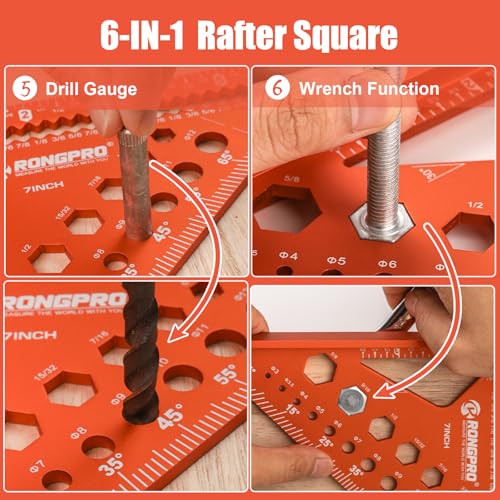RONGPRO 6-in-1 Carpenter Square 7 inch, Aluminum Rafter Square, Multi-Purpose Carpenter Tools : Wrench, Square, Protractor, Ruler, Marking Gauge, Drill Gauge, Includes 2pcs Carpentry Pencil (Champange) - Image 4