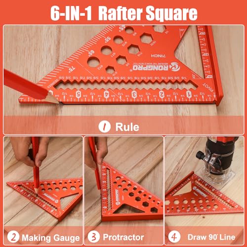 RONGPRO 6-in-1 Carpenter Square 7 inch, Aluminum Rafter Square, Multi-Purpose Carpenter Tools : Wrench, Square, Protractor, Ruler, Marking Gauge, Drill Gauge, Includes 2pcs Carpentry Pencil (Champange) - Image 3