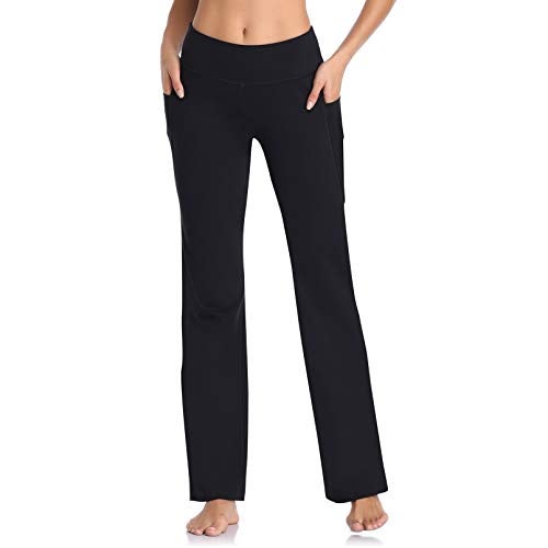 HISKYWIN Side Pockets Yoga Pants 4 Way Stretch Tummy Control Workout Running Pants, Long Bootleg Flare Pants HF201-Black-S - Image 2