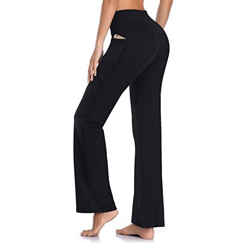 HISKYWIN Side Pockets Yoga Pants 4 Way Stretch Tummy Control Workout Running Pants, Long Bootleg Flare Pants HF201-Black-S - Image 1