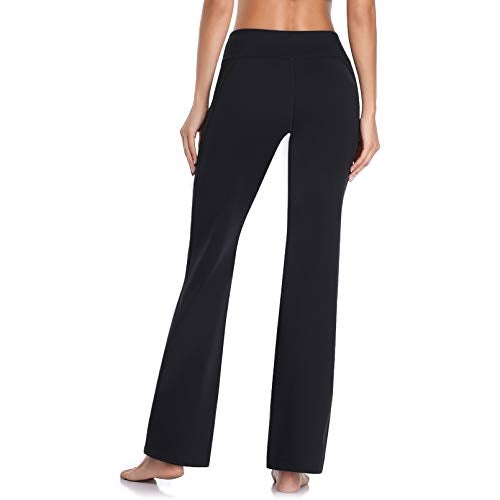 HISKYWIN Side Pockets Yoga Pants 4 Way Stretch Tummy Control Workout Running Pants, Long Bootleg Flare Pants HF201-Black-S - Image 4