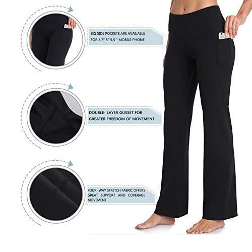 HISKYWIN Side Pockets Yoga Pants 4 Way Stretch Tummy Control Workout Running Pants, Long Bootleg Flare Pants HF201-Black-S - Image 5