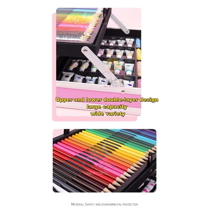 Wishkey طقم فنون WISHKEY المكون من 145 قطعة للأطفال مع حقيبة تخزين بموضوع اليونيكورن، مجموعة مستلزمات الفن والحرف للرسم والتلوين مع باستيل الزيت، ألوان مائية، أقلام ملونة، قلم رسم (عبوة من 1، وردي) - Image 4