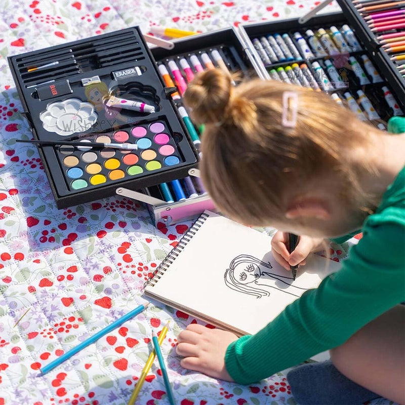 Wishkey طقم فنون WISHKEY المكون من 145 قطعة للأطفال مع حقيبة تخزين بموضوع اليونيكورن، مجموعة مستلزمات الفن والحرف للرسم والتلوين مع باستيل الزيت، ألوان مائية، أقلام ملونة، قلم رسم (عبوة من 1، وردي) - Image 3
