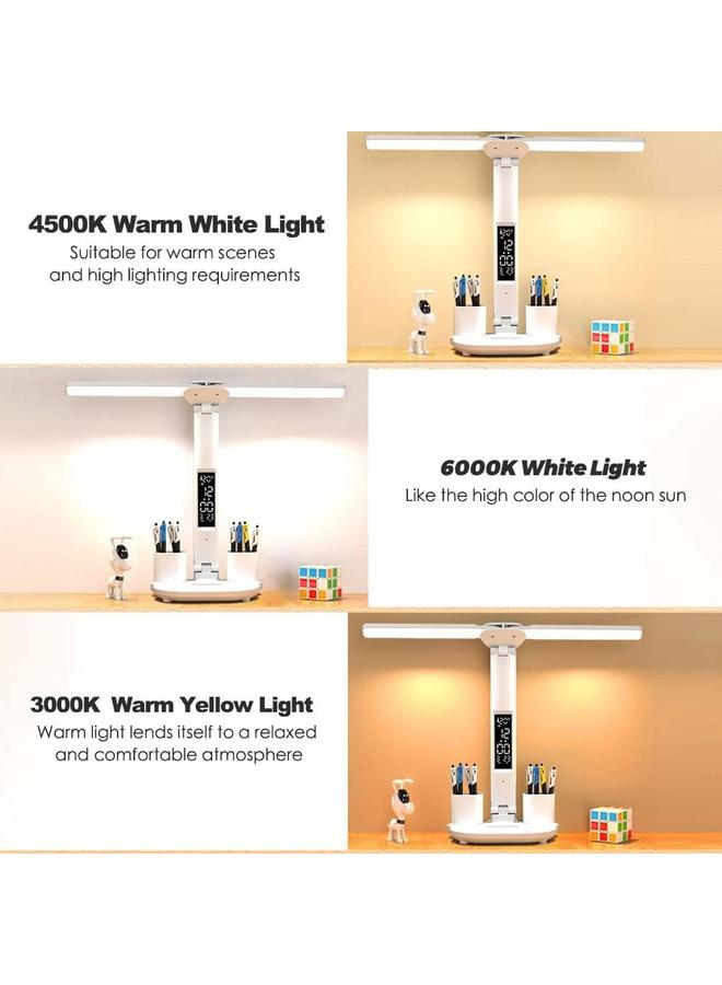 مصباح مكتبي LED مزدوج الرأس مع ساعة وشاشة عرض درجة الحرارة، 3 درجات حرارة للألوان، 3200 مللي أمبير في الساعة مصباح طاولة مريح للعين مع حامل أقلام، توصيل من النوع C، تحكم باللمس، للمكتب المنزلي - Image 5
