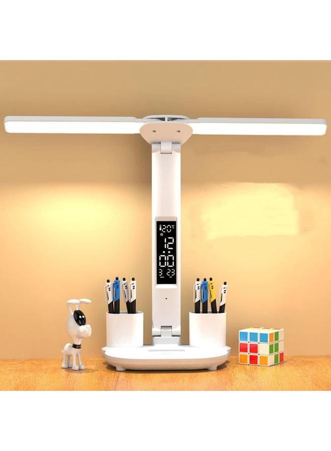 مصباح مكتبي LED مزدوج الرأس مع ساعة وشاشة عرض درجة الحرارة، 3 درجات حرارة للألوان، 3200 مللي أمبير في الساعة مصباح طاولة مريح للعين مع حامل أقلام، توصيل من النوع C، تحكم باللمس، للمكتب المنزلي - Image 1