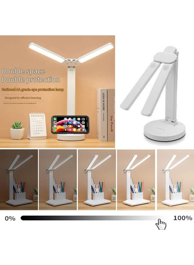 مصباح مكتبي LED مزدوج الرأس مع ساعة وشاشة عرض درجة الحرارة، 3 درجات حرارة للألوان، 3200 مللي أمبير في الساعة مصباح طاولة مريح للعين مع حامل أقلام، توصيل من النوع C، تحكم باللمس، للمكتب المنزلي - Image 2