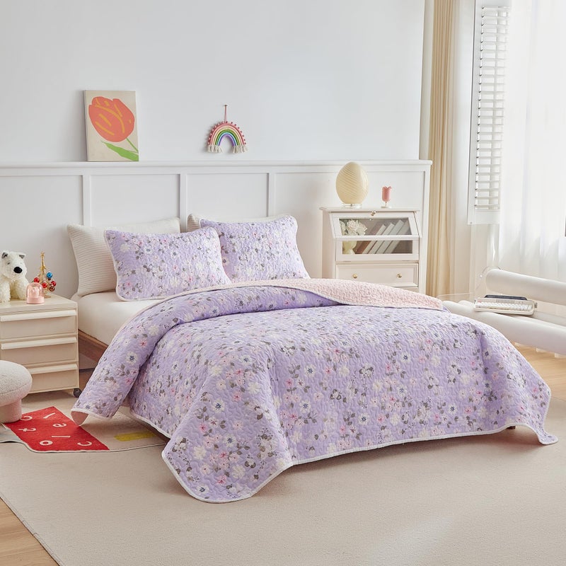 Joyreap Twin Size Quilt Set for Girls, Floral Purple n Pink Design, 2 Pieces Soft n Cozy Microfiber Quilt, Bedspread Bed Cover for All Season- 68x88 inches - Image 2