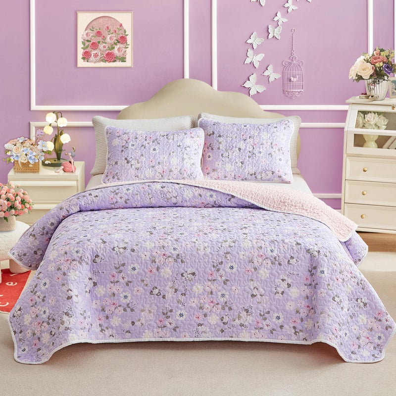 Joyreap Twin Size Quilt Set for Girls, Floral Purple n Pink Design, 2 Pieces Soft n Cozy Microfiber Quilt, Bedspread Bed Cover for All Season- 68x88 inches - Image 1