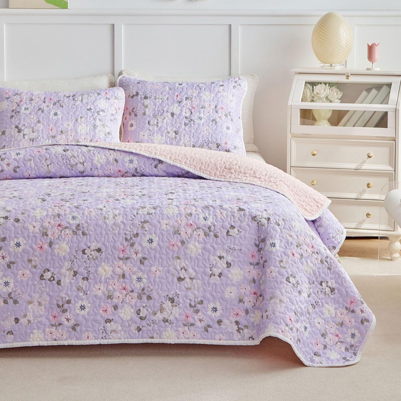 Joyreap Twin Size Quilt Set for Girls, Floral Purple n Pink Design, 2 Pieces Soft n Cozy Microfiber Quilt, Bedspread Bed Cover for All Season- 68x88 inches - Image 3