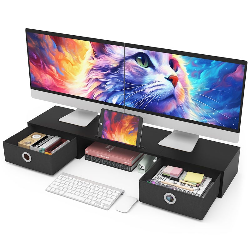 WESTREE Dual Monitor Stand Riser with Two Drawers, Extra Large Storage Monitor Stand for 2 Monitors, Desktop Oraganizer Stand for Computer,Laptop,Screen,Printer,TV - Image 1