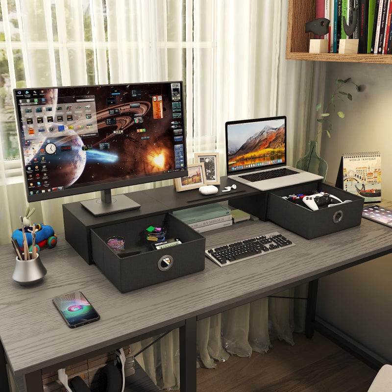 WESTREE Dual Monitor Stand Riser with Two Drawers, Extra Large Storage Monitor Stand for 2 Monitors, Desktop Oraganizer Stand for Computer,Laptop,Screen,Printer,TV - Image 3