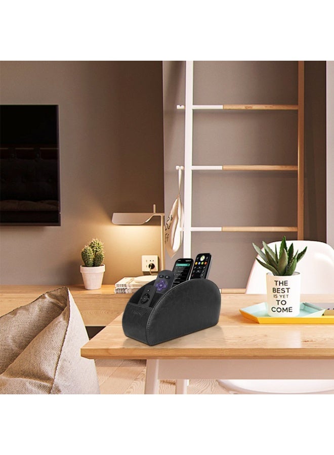SITHON Remote Control Holder With 5 Compartments - Pu Leather Remote Caddy Desktop Organizer Store Tv Dvd Blu-Ray Media Player Heater Controllers Black - Image 5