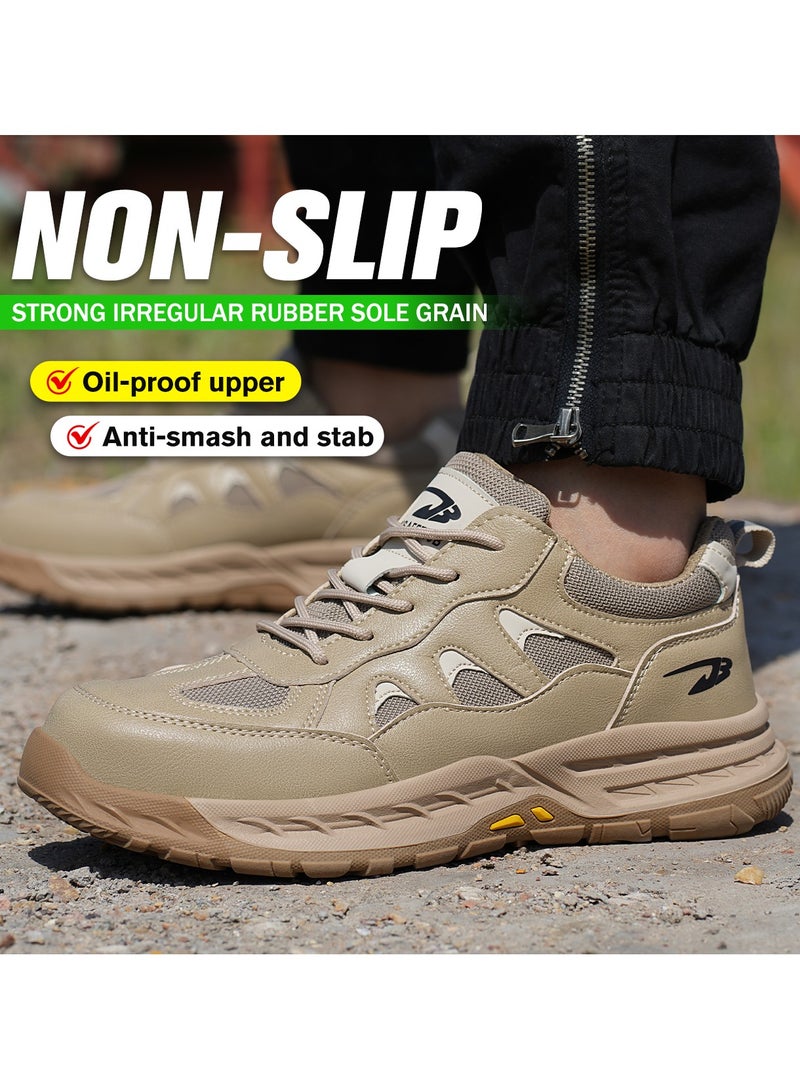 Breathable labor protection shoes, anti-smash and anti-puncture steel toe safety shoes, comfortable and wear-resistant work shoes, lightweight adventure sports shoes khaki - Image 4