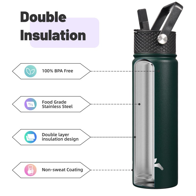 Konokyo 22oz Stainless Steel Bottles with 3 Lids Sport Insulated Water Bottle,Army Green - Image 4
