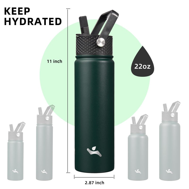 Konokyo 22oz Stainless Steel Bottles with 3 Lids Sport Insulated Water Bottle,Army Green - Image 5