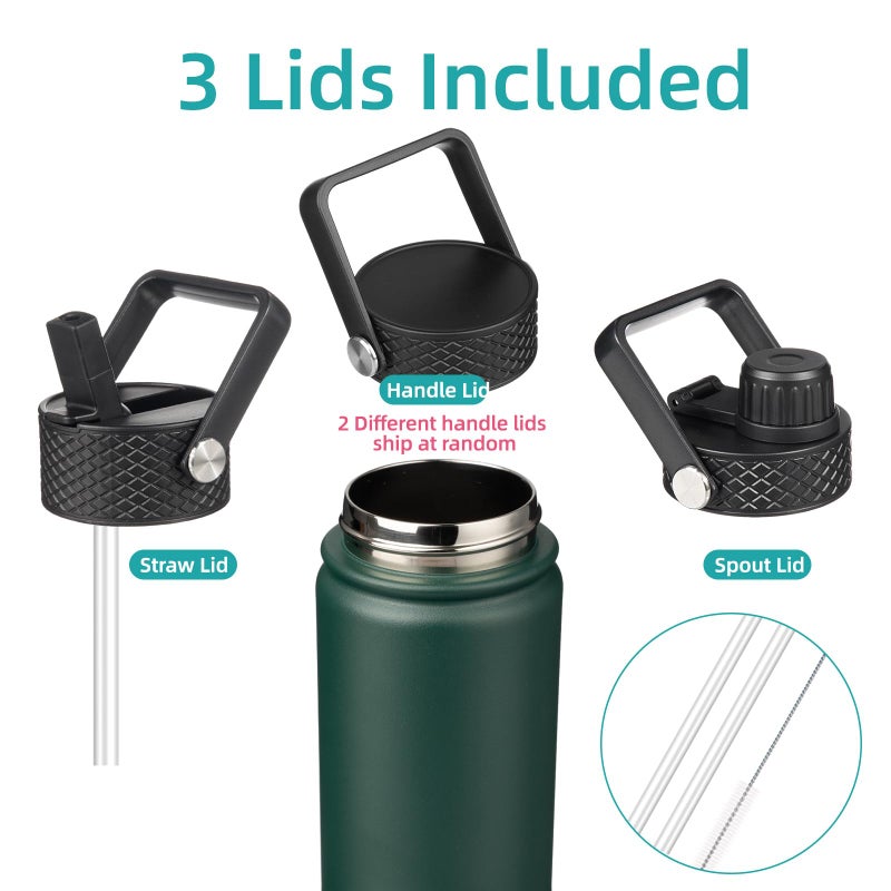 Konokyo 22oz Stainless Steel Bottles with 3 Lids Sport Insulated Water Bottle,Army Green - Image 3