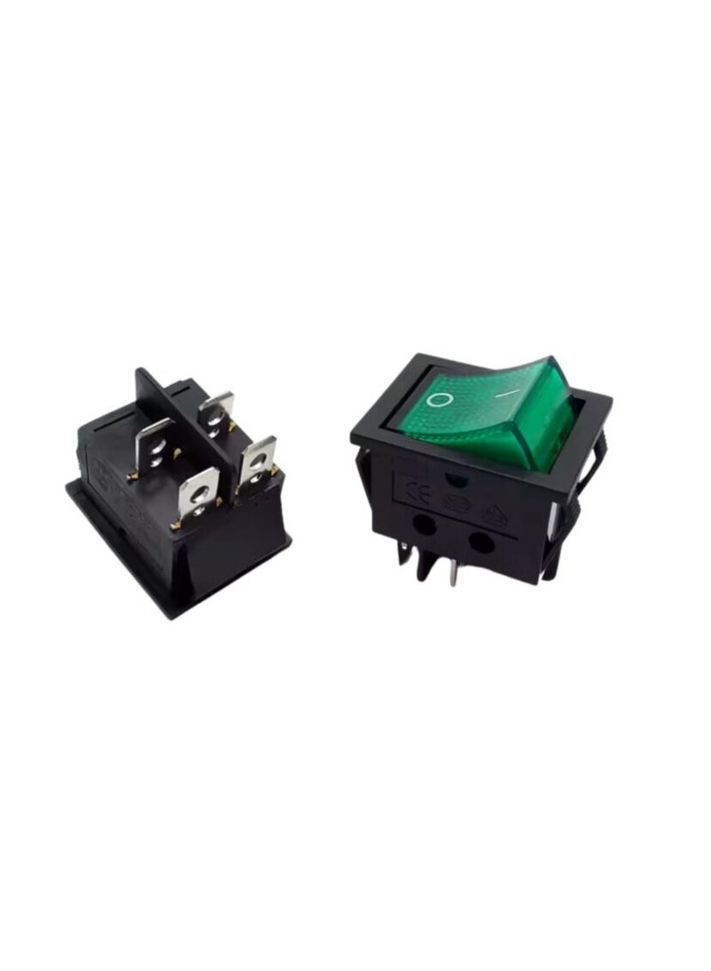 KNP KCD 4 Green Illuminated Rocker Switch is a durable and stylish panel mount switch designed for controlling various electrical devices It features an illuminated LED indicator that provides visual feedback when the switch is in the "on" position green LED light ensures clear visibility in low light environments making it ideal for industrial automotive and household applications. - Image 1