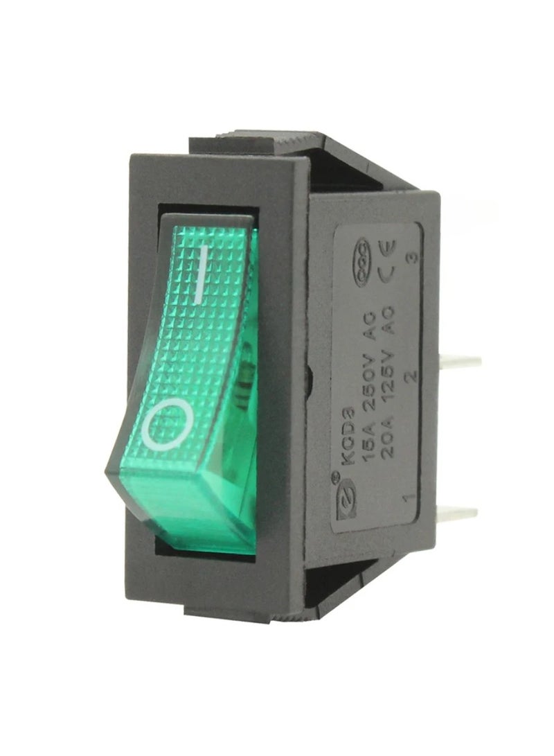KNP KCD 4 Green Illuminated Rocker Switch is a durable and stylish panel mount switch designed for controlling various electrical devices It features an illuminated LED indicator that provides visual feedback when the switch is in the "on" position green LED light ensures clear visibility in low light environments making it ideal for industrial automotive and household applications. - Image 2