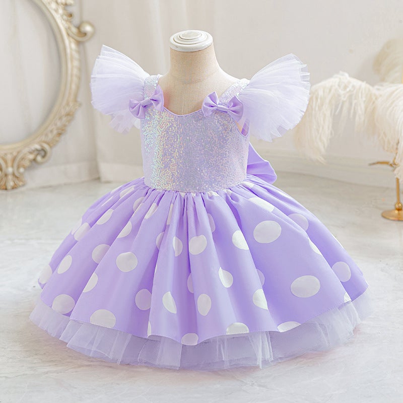 Cross-Border Girls Flying Sleeve Princess Dress Childrens First Birthday Dinner Tutu Skirt Flower Girl Wedding Banquet Dress Childrens Dress Purple