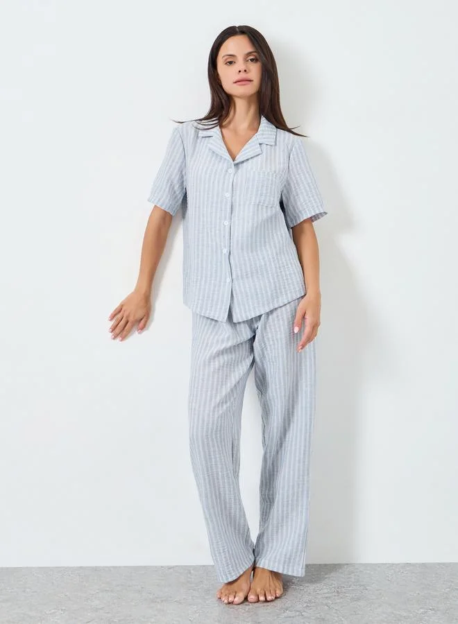 Styli Woven Linen Look Striped Shirt and Pyjama Set