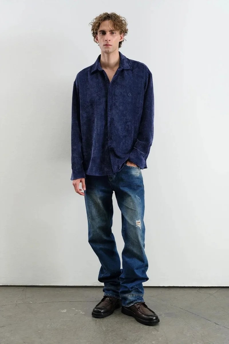 Giesto Navy Blue GIESTO Oversized Velvet Shirt for Men | Best Price UAE
