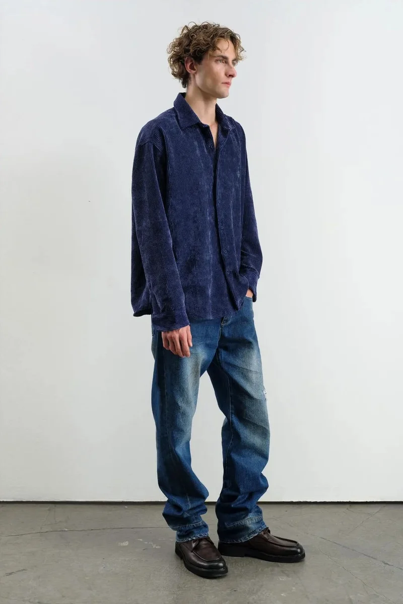 Giesto Navy Blue GIESTO Oversized Velvet Shirt for Men | Best Price UAE