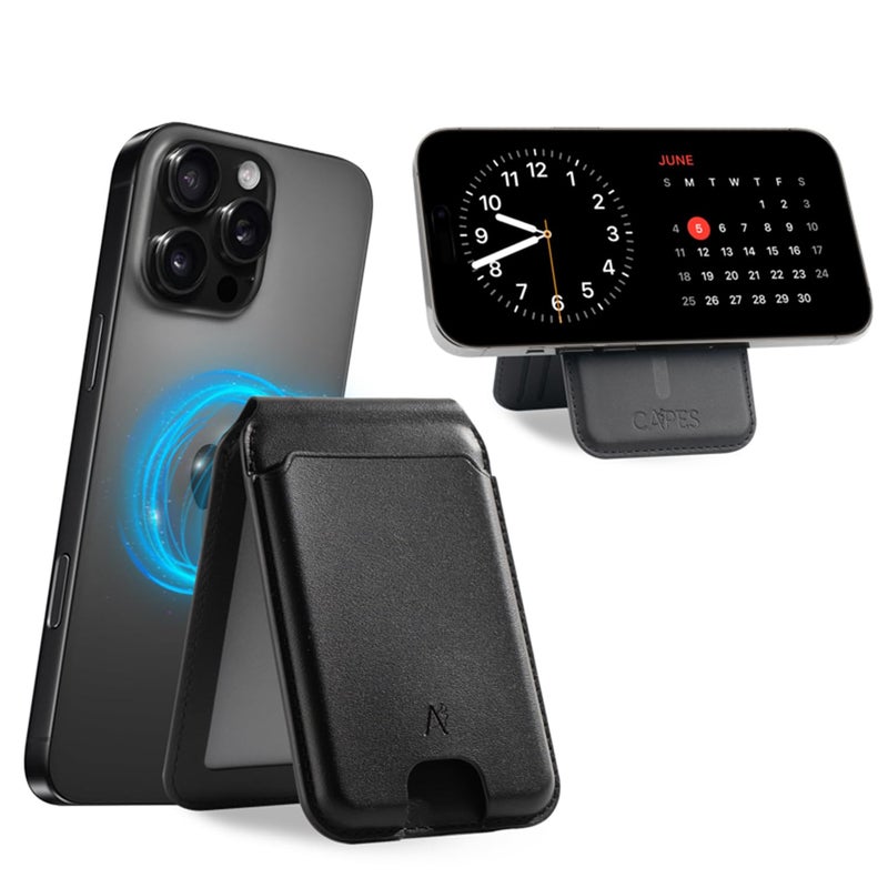 Capes Magnetic Wallet for iPhone, Compatible with MagSafe Wallet, 5 Card Holder, for iPhone 16/15/14/13/12 Models, Wallet with Adjustable Stand, Not for iPhone 12 & 13 Mini, PU Leather, Black - Image 1
