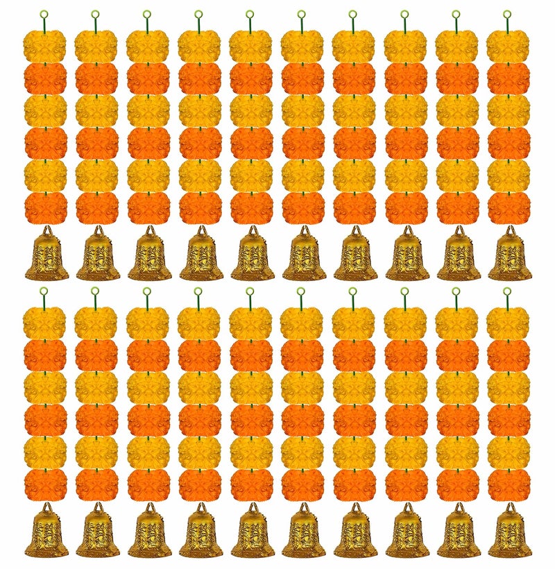 iHandikart iHandikart Marigold Garland Artificial Super Mini 6 Genda Fool with Bell in The Bottom Used for Diwali DecorationHome Decoration Color Yellow Orange Pack of 20 3360620  - Image 1