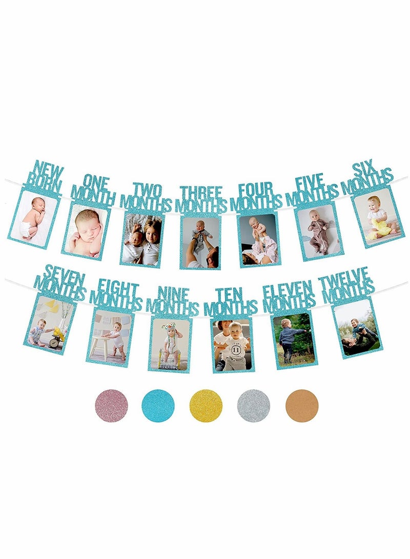 SYOSI 1st Birthday Photo Banner for Baby from Newborn to 12 Months First Birthday Decorations Boy or Girl Monthly Milestones Garland  First Birthday Photo Banner Pre strung with Frame (Blue) - Image 1
